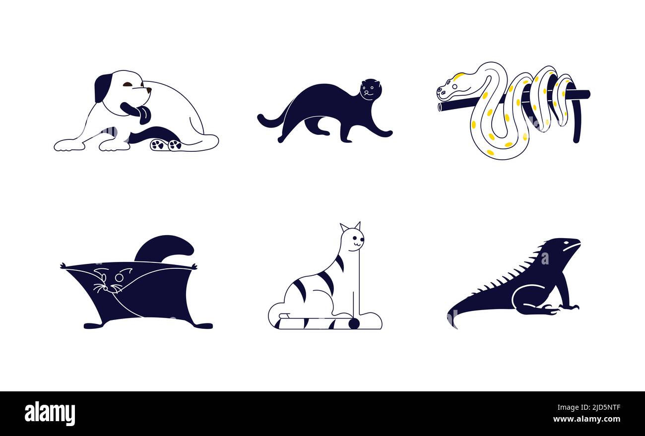 Set di animali domestici neri stilizzati dal design minimalista Illustrazione Vettoriale