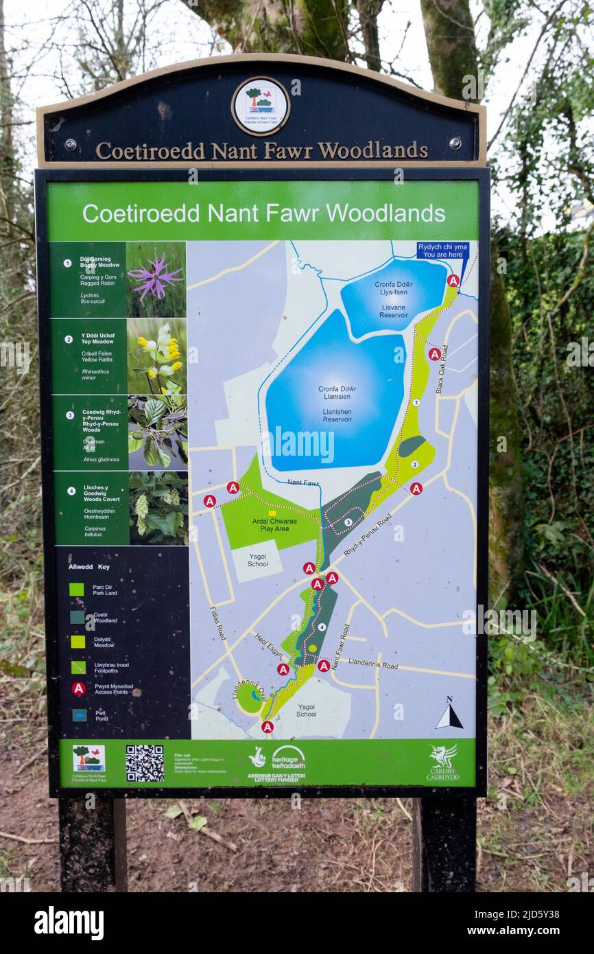 Coetiroedd Nant Fawr Mappa dei boschi pubblici passeggiate nella natura, sentieri intorno a Llanishen e Lisvane Reservoir Cardiff Galles UK KATHY DEWITT Foto Stock