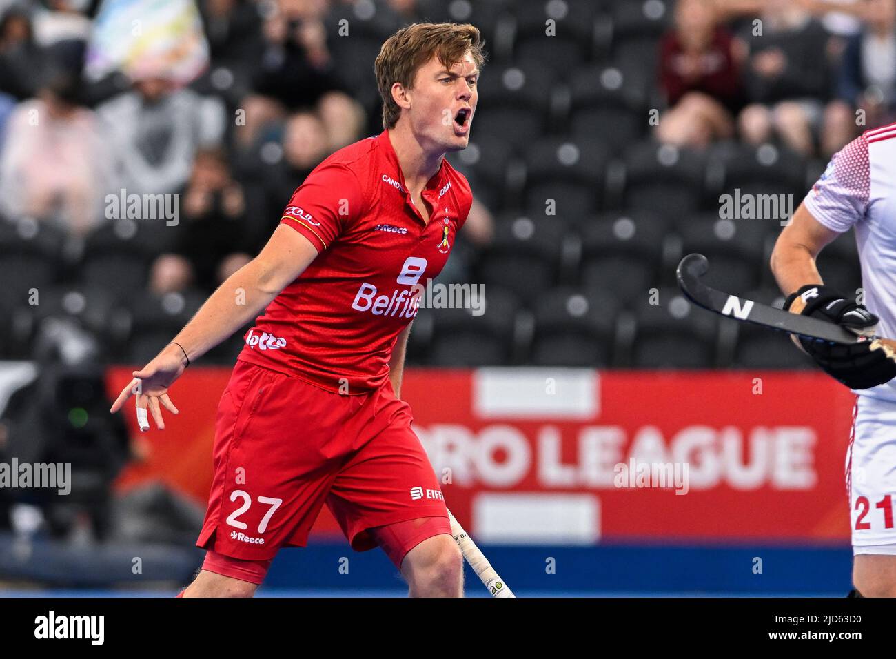 Tom Boon in Belgio reagisce durante una partita di hockey tra l'Inghilterra e i Red Lions belgi nella fase di gruppo (gioco 15 su 16) della competizione Men's FIH Pro League, sabato 18 giugno 2022 a Londra, Regno Unito. BELGA PHOTO LAURIE DIEFFEMBACQ Foto Stock