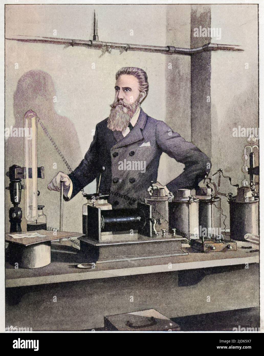Wilhelm Conrad Rontgen (1845-1923) fisico tedesco, scoperto raggi X, 1895, Nobel prizewinner, 1901, nel suo laboratorio. Versione colorata di : 10003283 Foto Stock