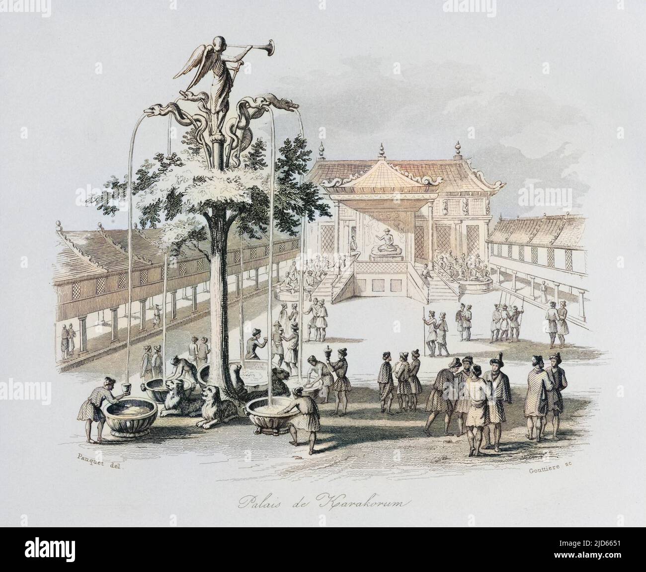 Una veduta di Karakorum, capitale dell'Impero Mongolo, e del palazzo dei Khans Mongolo, con la famosa Fontana dell'albero d'Argento sulla sinistra. Versione colorata di : 10005033 Data: 1254 Foto Stock