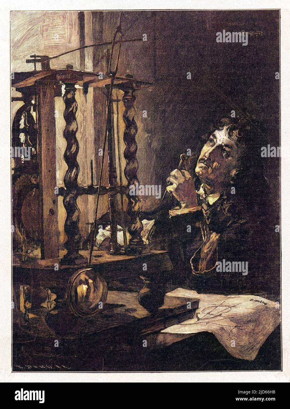 Christiaan Huygens (1629-1695), matematico e scienziato olandese, lavorando alla sua invenzione del primo orologio a pendolo. Versione colorata di : 10008078 Foto Stock