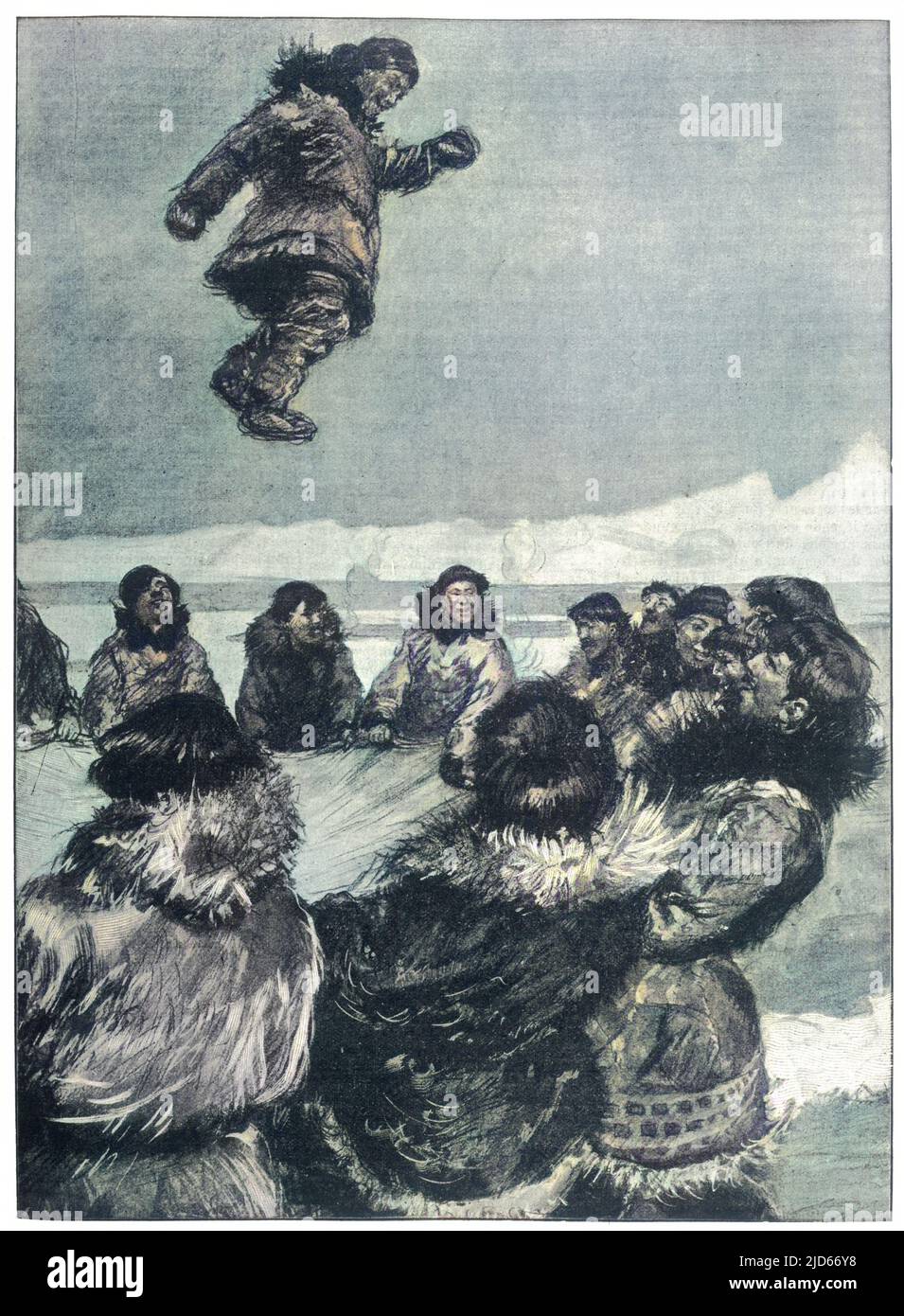 Eskimos dell'Asia del Nord usa una pelle-animale stirata come una specie di Trampoline Colorizzata versione di : 10011515 Data: 1903 Foto Stock