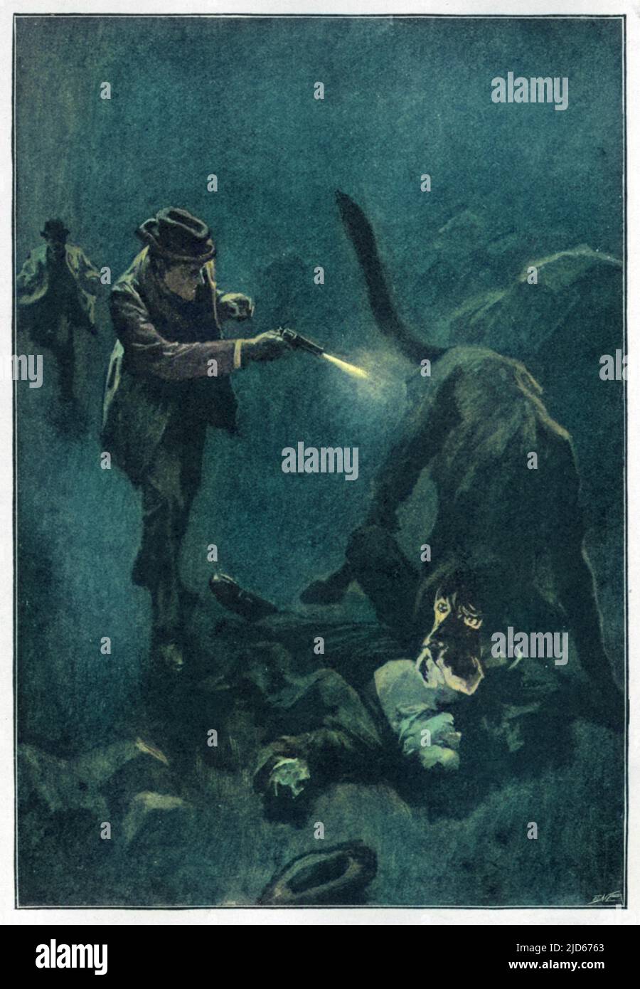 IL TUMULO DEI BASKERVILLES Holmes spara il sinistro cane: 'Holmes vuotò cinque barili del suo revolver nel fianco della creatura'. Versione colorata di : 10014174 Data di pubblicazione: 1901-2 Foto Stock