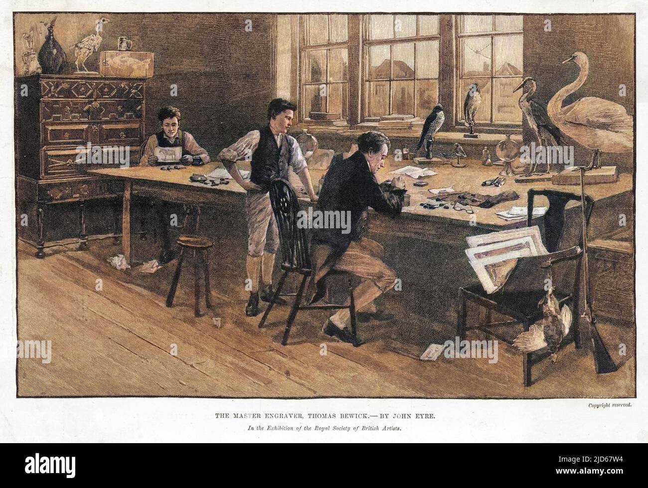 THOMAS BEWICK (1753 - 1828), illustratore inglese e incisore del legno, al lavoro nel suo studio. Versione colorata di : 10031966 Foto Stock