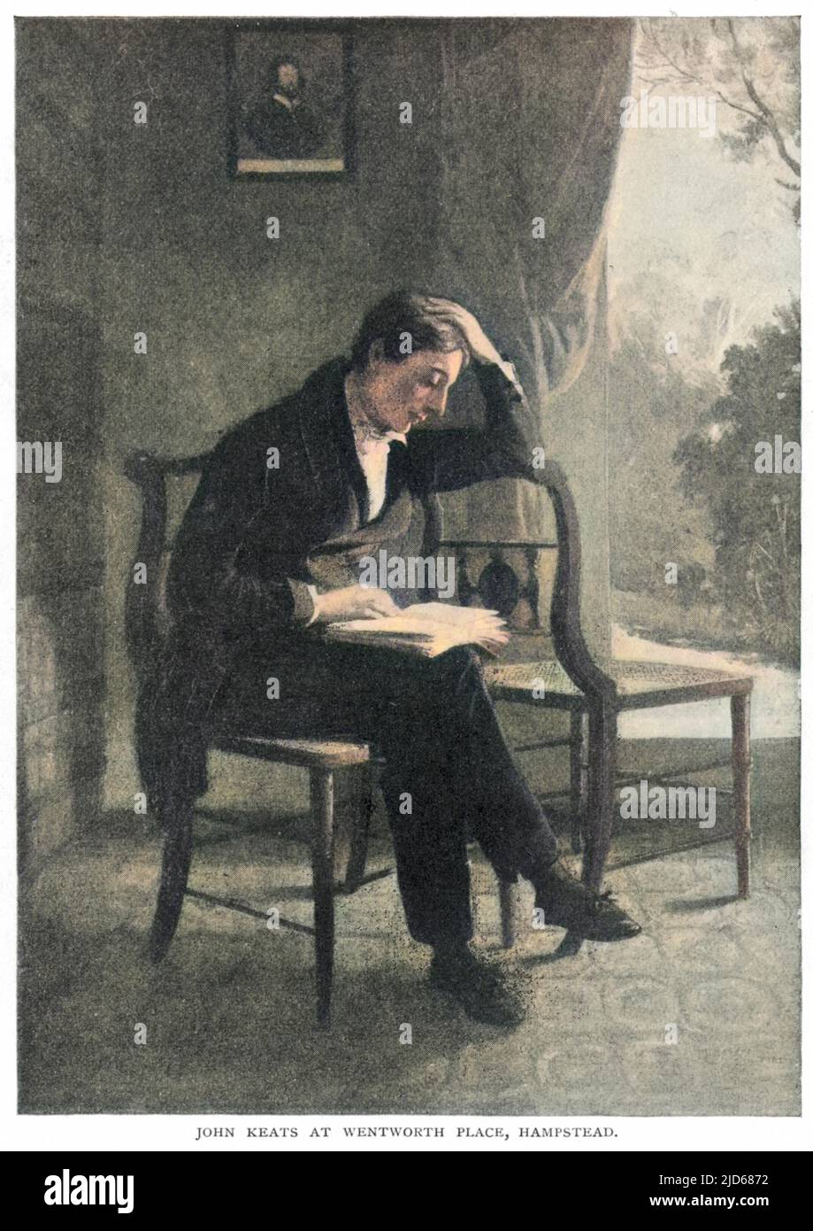 JOHN KEATS (1795 - 1821), poeta inglese che legge un libro a Wentworth Place, Hampstead. Versione colorata di : 10070414 Foto Stock