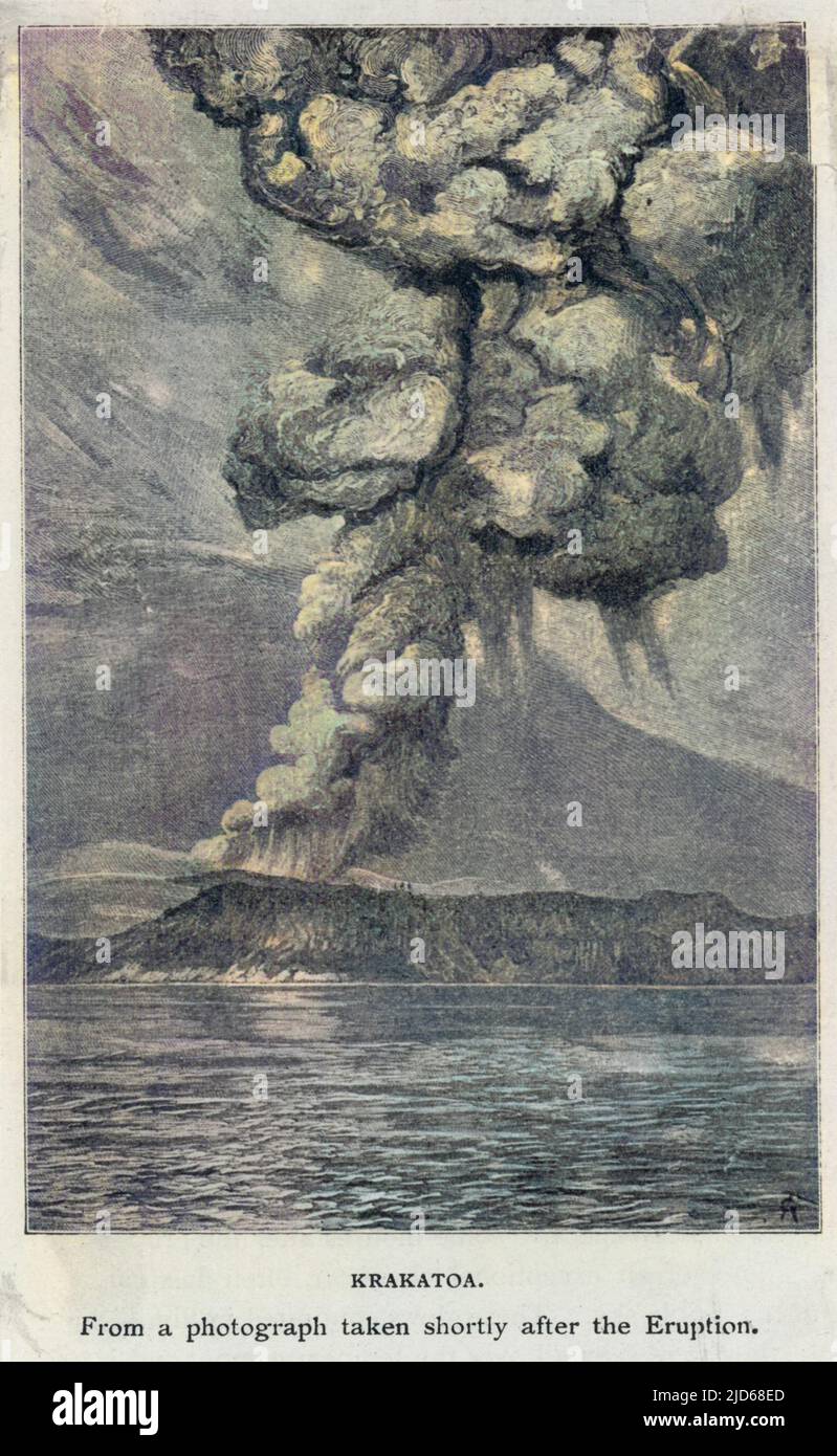 Poco dopo l'eruzione iniziale, il vulcano oscura il cielo con il suo sbuffo fumetto versione Colorizzata di : 10102583 Data: 26 agosto 1883 Foto Stock
