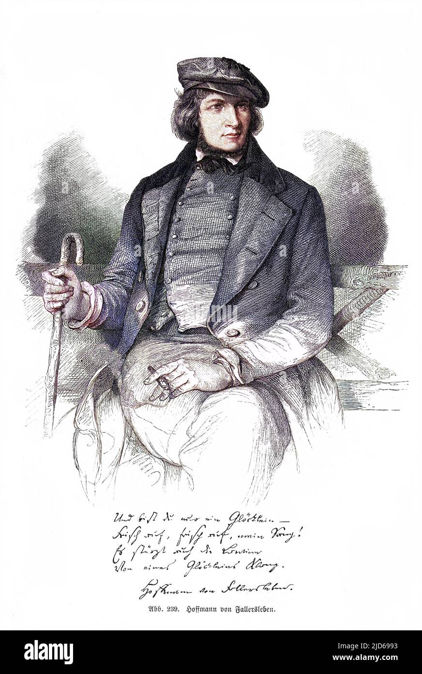 AUGUST HEINRICH HOFFMANN von FALLERSLEBEN scrittore tedesco, fumando un sigaro con il suo autografo Colorizzato versione di : 10160994 Data: 1798 - 1874 Foto Stock