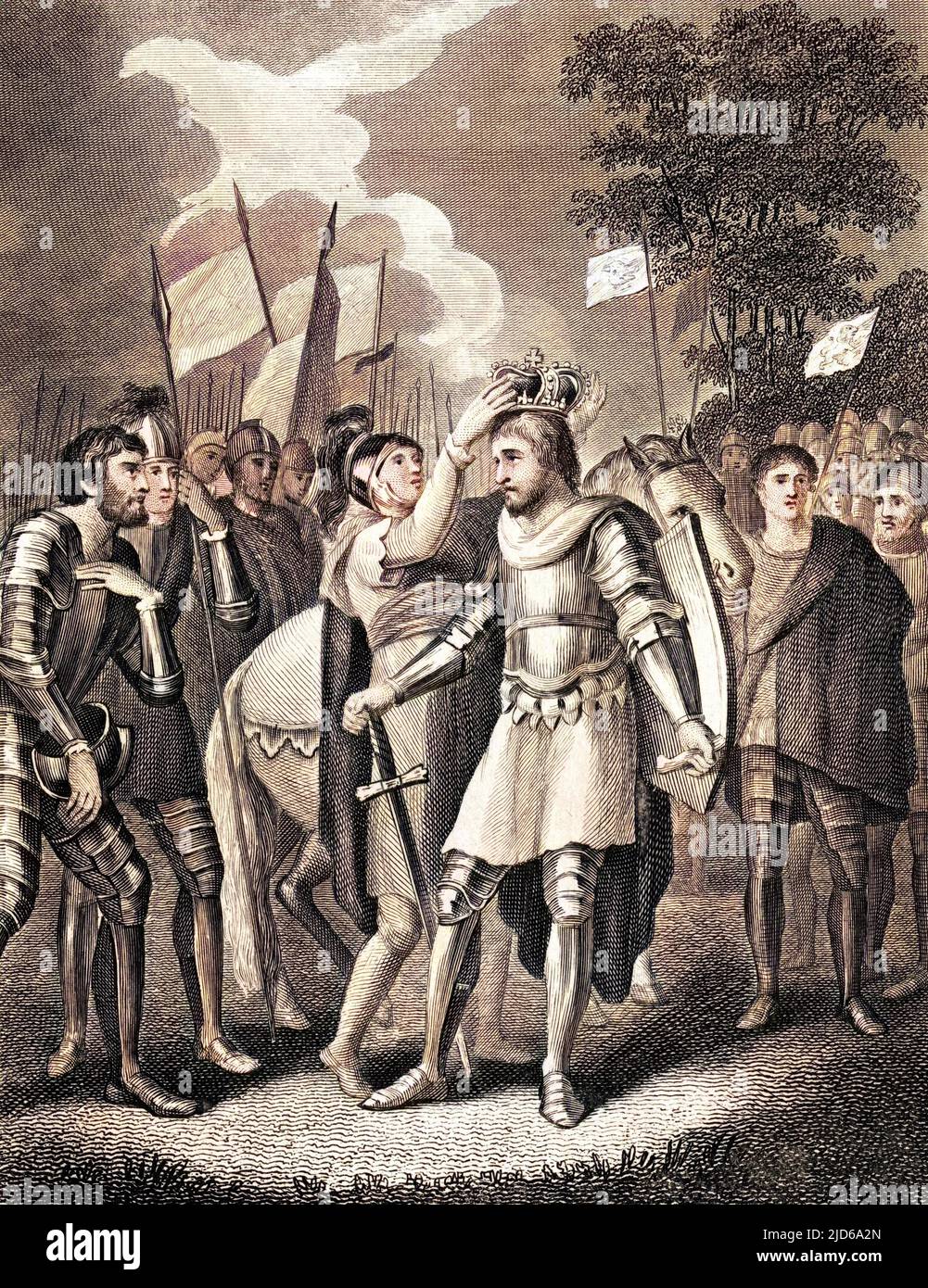 Dopo aver sconfitto il re Riccardo III a Bosworth, a Enrico VII viene offerta la corona d'Inghilterra. Versione colorata di : 10162729 Data: 1485 Foto Stock