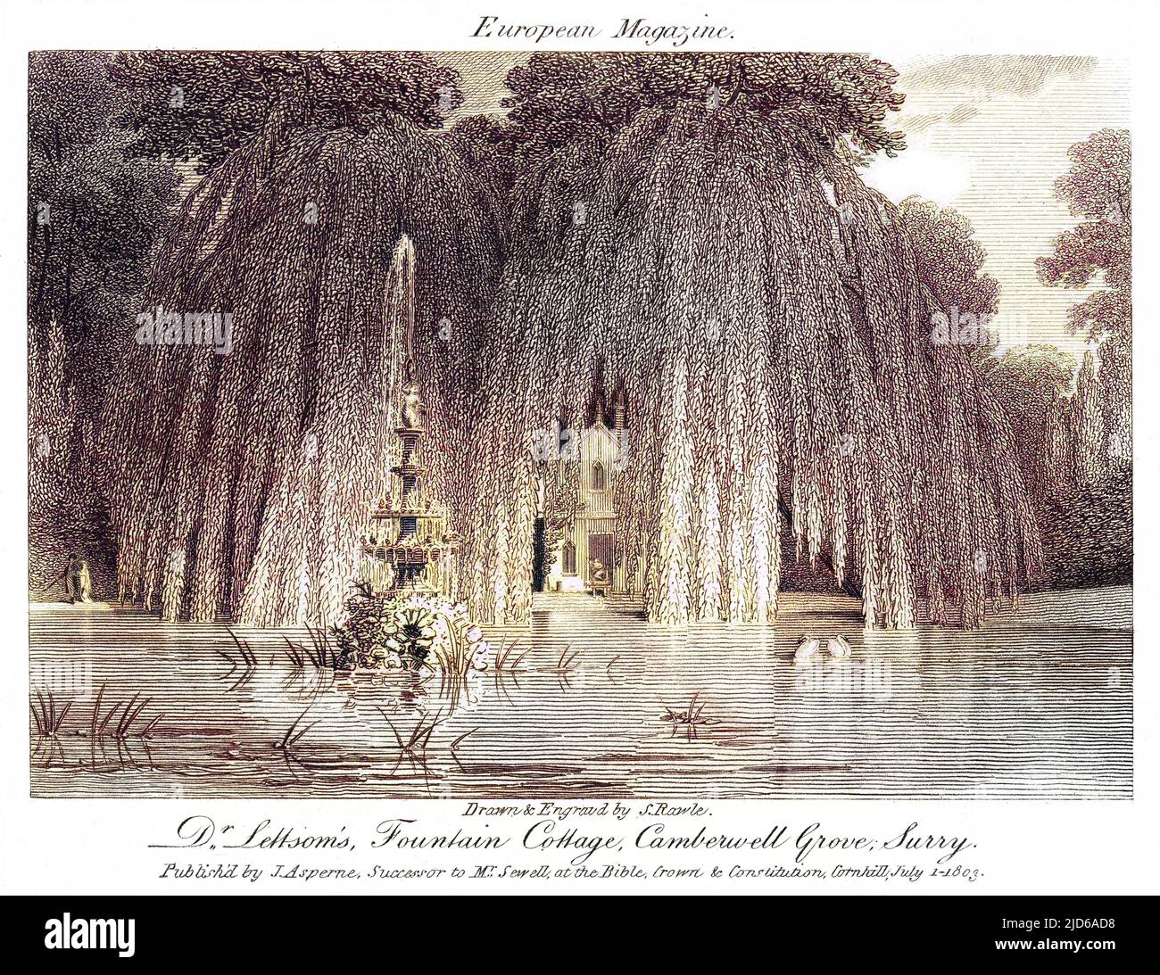 Casa del Dr. LETTSOM a Camberwell Grove, Surrey, The Fountain Cottage nei giardini. Versione colorata di : 10163174 Data: 1803 Foto Stock