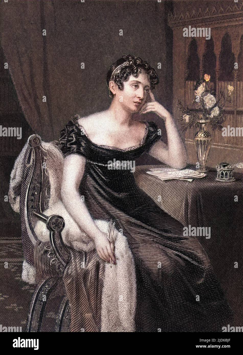 SYDNEY LADY MORGAN (nee Owenson) popolare romanziere irlandese, moglie di Sir Thomas Morgan MP, ritratto in modo creativo, scrivendo a un tavolo. Versione colorata di : 10166267 Data: 1783? - 1859 Foto Stock