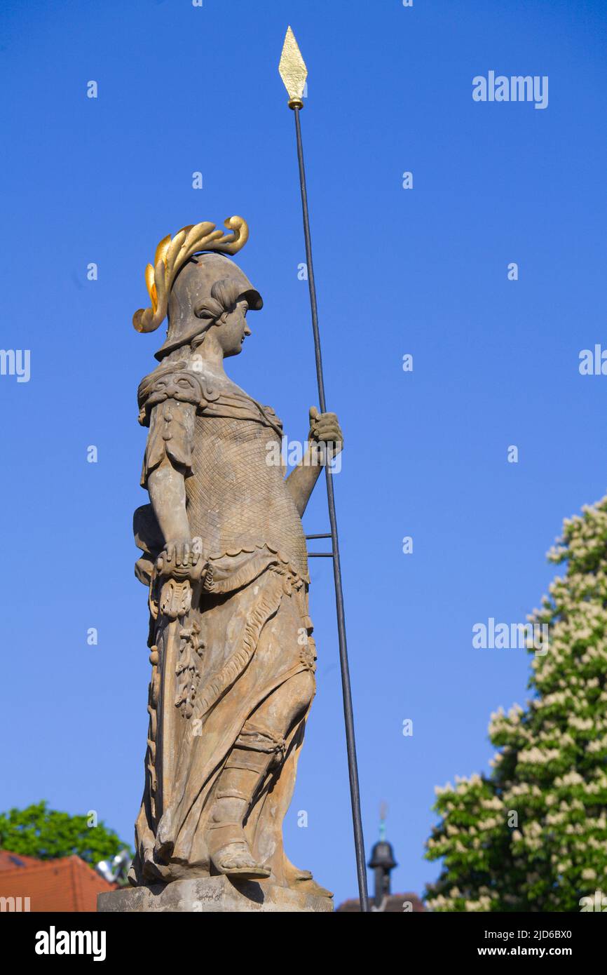 Germania, Turingia, Erfurt, Domplatz, statua di Minerva, Foto Stock