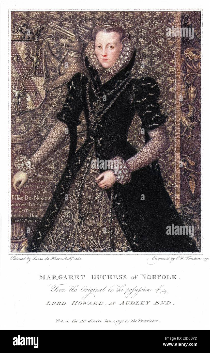 DUCHESSA MARGARET di NORFOLK (Nee Audley) seconda moglie di Thomas Howard, quarto duca. Un magnifico ritratto, che mostra la duchessa in piedi di fronte ad un arazzo. Versione colorata di : 10167567 Data: 1540 - 1654 Foto Stock