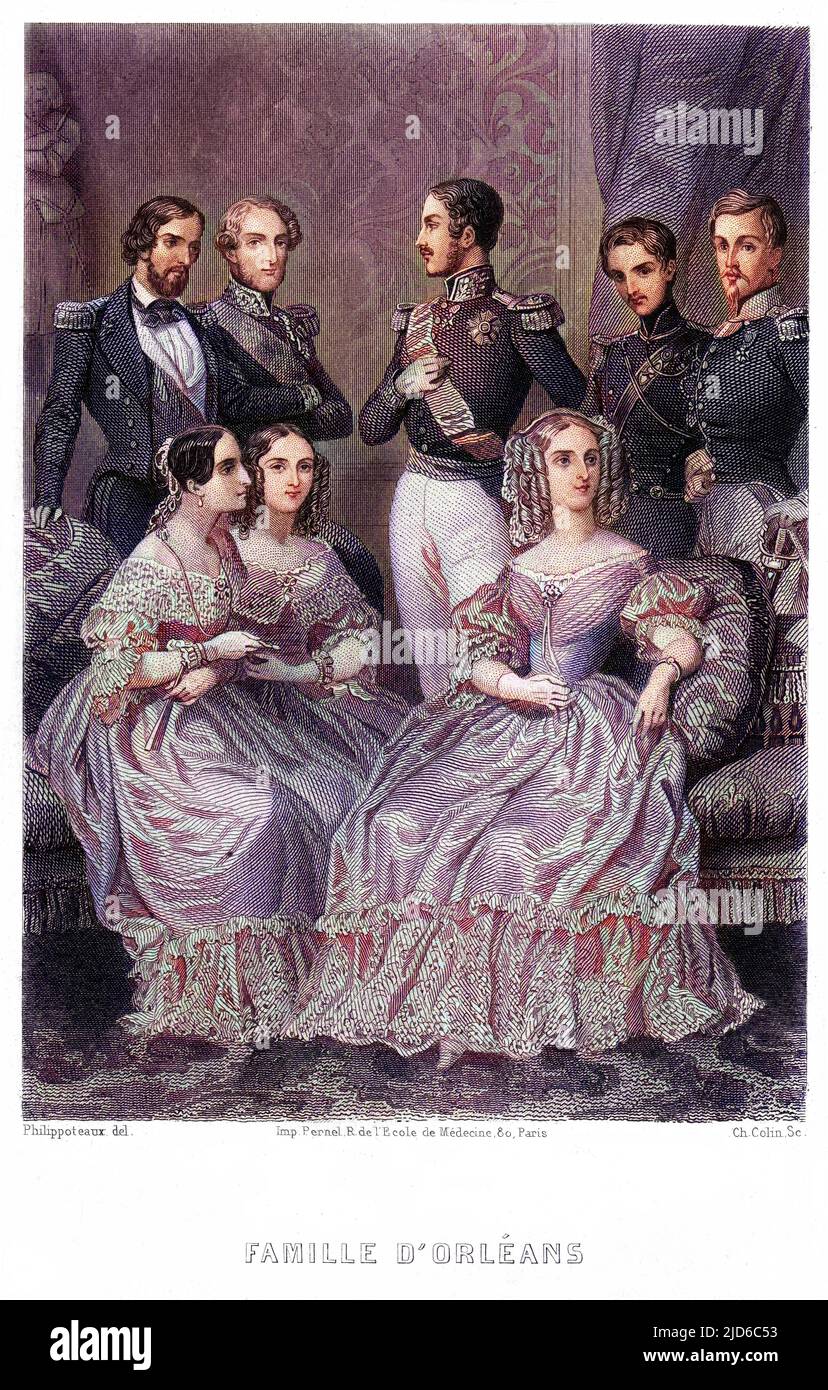 FERDINAND PHILLIPPE duc d'ORLEANS figlio di Louis Philippe, in piedi con orgoglio con la moglie e la famiglia. Versione colorata di : 10171382 Data: 1810 - 1842 Foto Stock