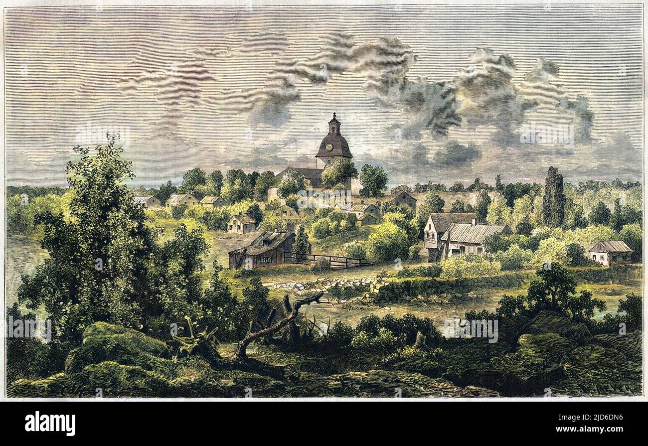 Christdala i Smaland - un villaggio di campagna dominato dalla sua chiesa, e che assomiglia molto ai villaggi altrove ! Versione colorata di : 10190729 Data: 1879 Foto Stock Christdala i Smaland - un villaggio di campagna dominato dalla sua chiesa, e che assomiglia molto ai villaggi altrove ! Versione colorata di : 10190729 Data: 1879 Foto Stock