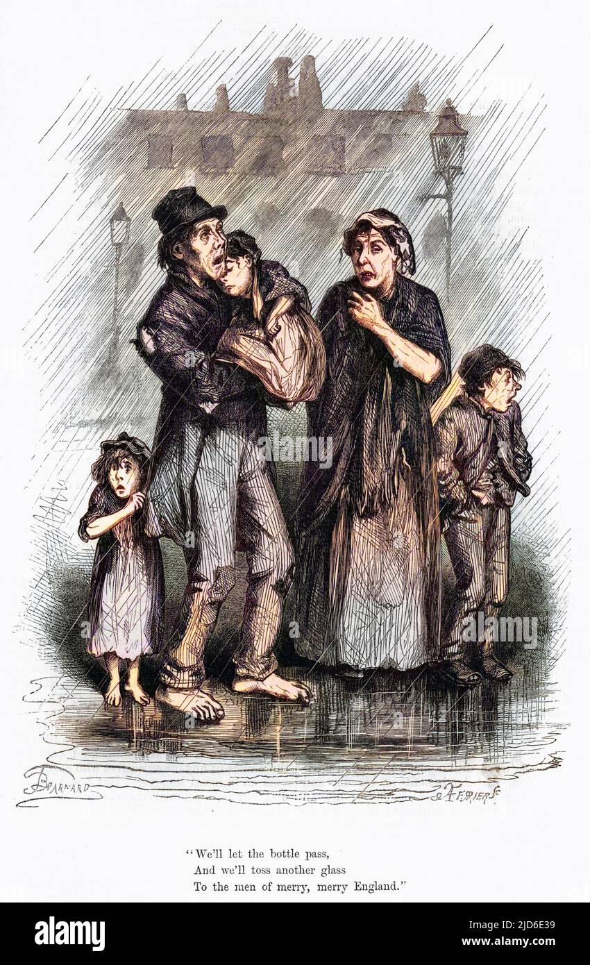Una scena patetica: Una famiglia impoverita di cantanti di strada, sciocchi e struggenti, che cantano sotto la pioggia. Versione colorata di : 10582930 Data: 1870 Foto Stock