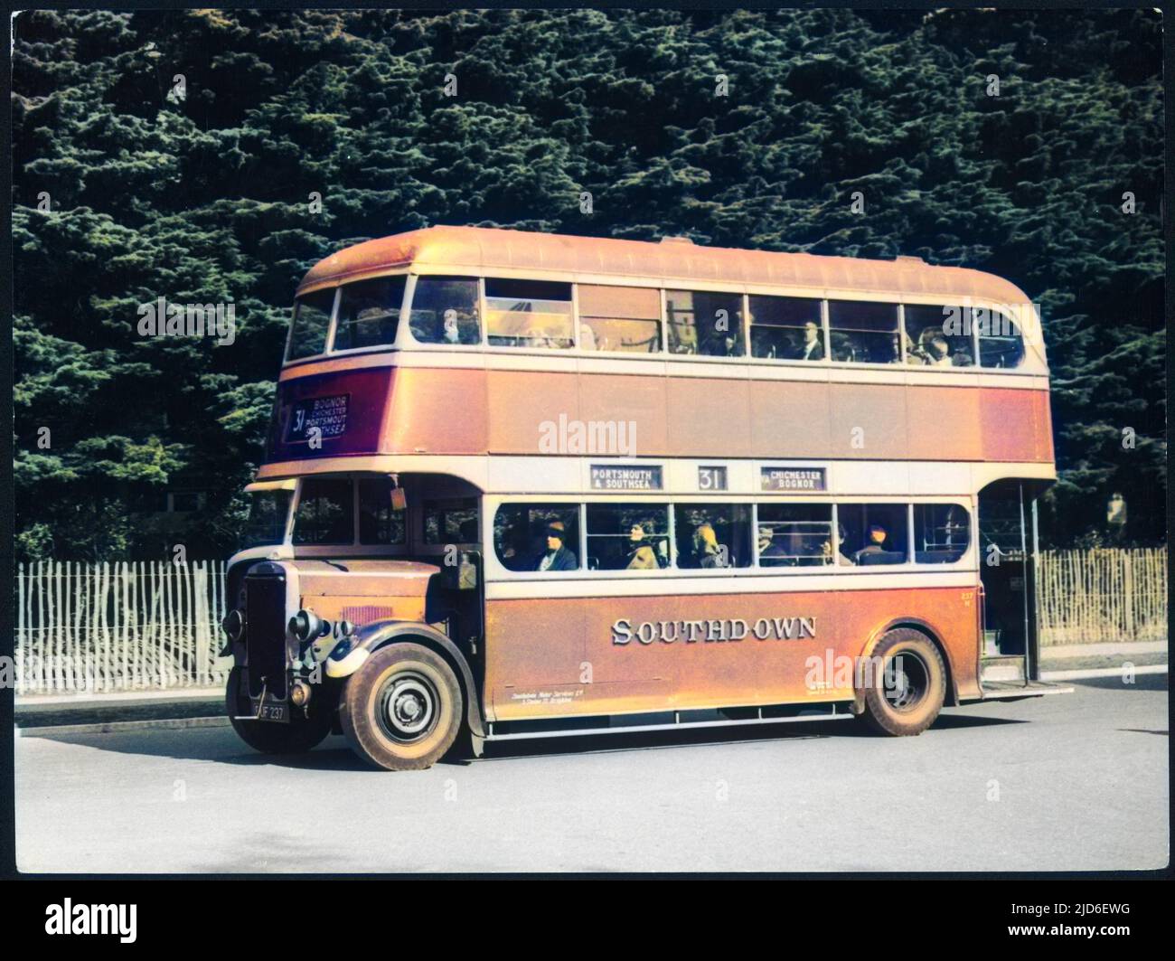 Un omnibus 'modern', una delle flotte Southdown, un autobus No 31, destinazione Portsmouth e Southsea via Chichester e Bognor Regis, costa meridionale dell'Inghilterra. Versione colorata di : 10161117 Data: 1950s Foto Stock Un omnibus 'modern', una delle flotte Southdown, un autobus No 31, destinazione Portsmouth e Southsea via Chichester e Bognor Regis, costa meridionale dell'Inghilterra. Versione colorata di : 10161117 Data: 1950s Foto Stock