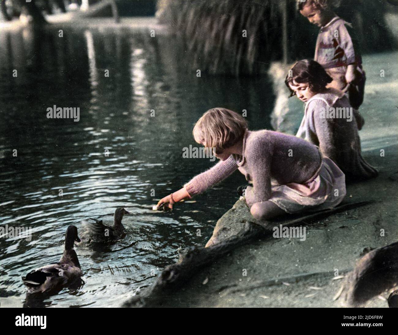 Tre bambine che sentono le anatre accanto ad un laghetto. Versione colorata di : 10163953 Data: Inizio 1930s Foto Stock