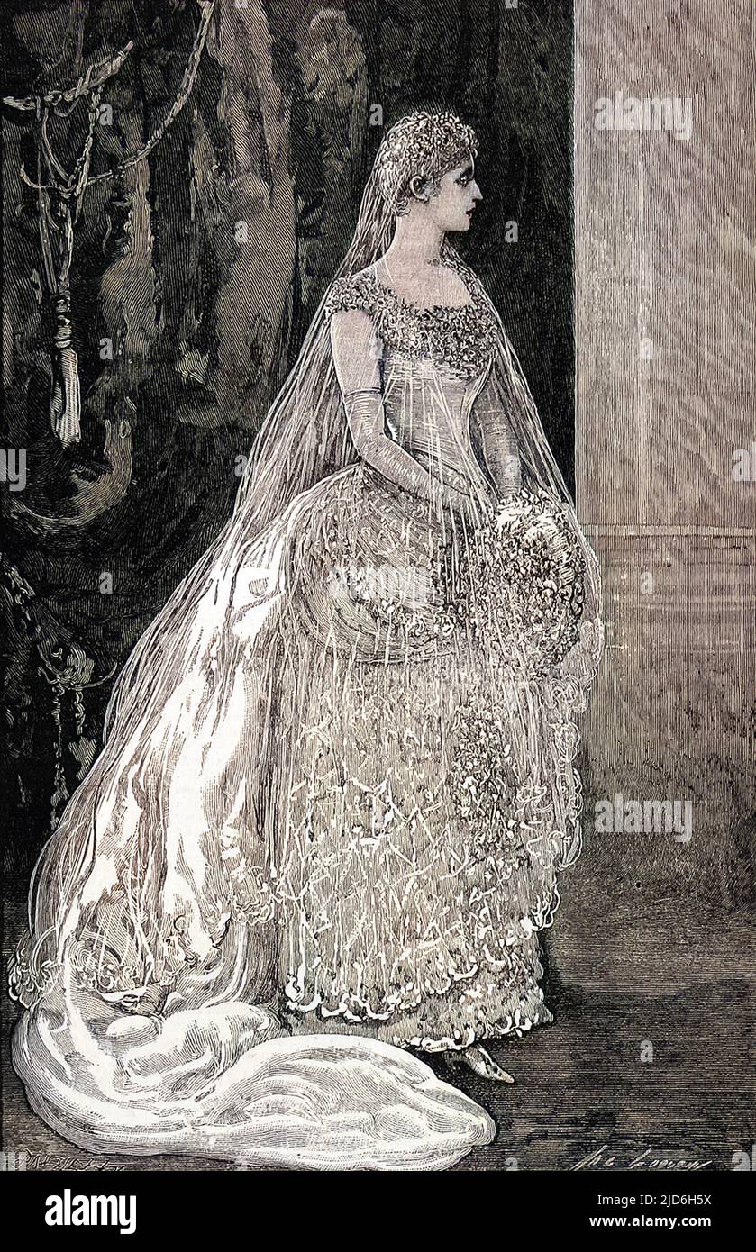 Principessa Vittoria di Assia nel suo abito da sposa sul suo matrimonio con il Principe Luigi di Battenburg. Victoria era la nipote della regina Vittoria e la figlia della seconda figlia della regina, la principessa Alice, che era morta nel 1878. Versione colorata di: 10216203 Data: 1884 Foto Stock