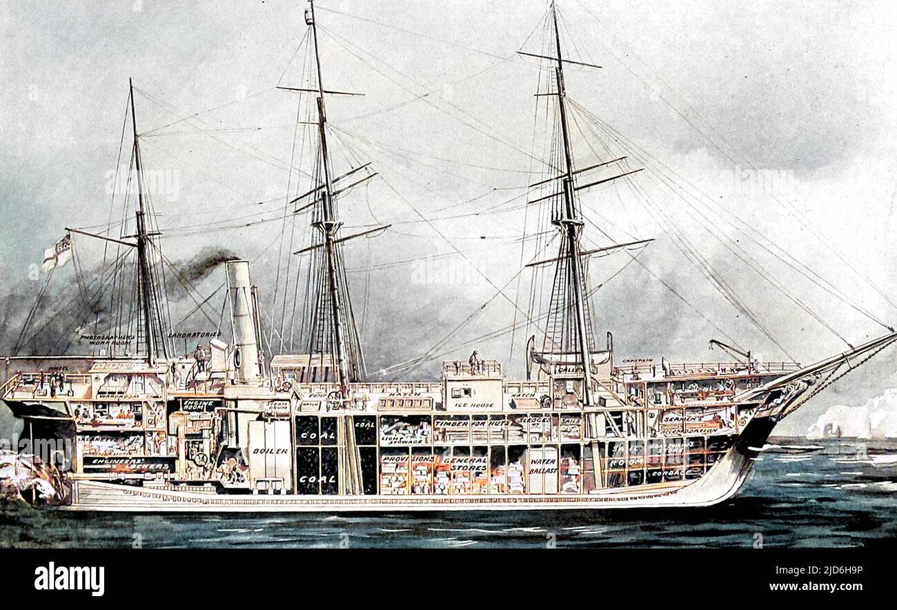 Illustrazione in sezione della 'Terra Nova', la nave di ricerca polare utilizzata dal capitano R.F. Scott nella sua spedizione Antartica del 1910-1912. La 'Terra Nova' fu costruita come whaler Dundee nel 1884. Versione colorata di: 10217833 Data: 1910 Foto Stock
