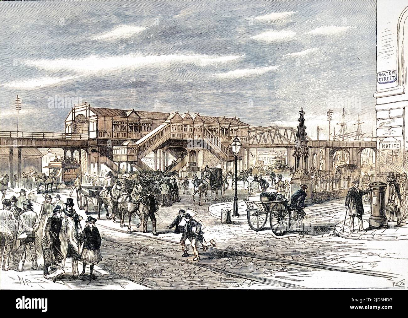 La stazione Pier Head della ferrovia elettrica aerea dei moli di Liverpool. Questa ferrovia passeggeri, che ha percorso per 11 miglia attraverso i moli di Liverpool, è stata aperta dal Marchese di Salisbury il 4th febbraio di quell'anno. Versione colorata di: 10218851 Data: 1893 Foto Stock