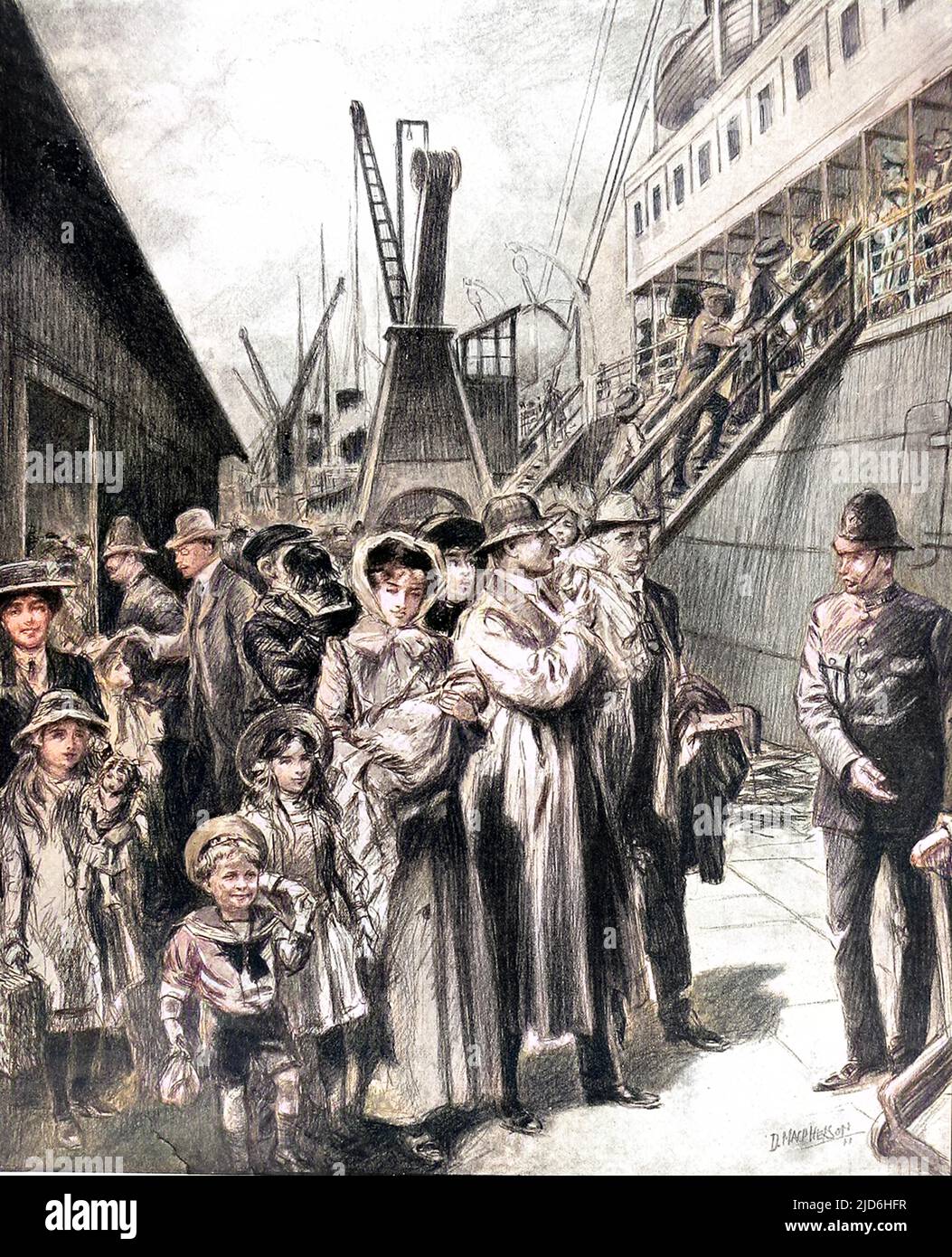 Emigranti in procinto di salire a bordo della linea neozelandese 'Paparoa' per fare passaggio a Queensland, Australia, 1911. Nel 1911 il governo del Queensland lavorava per attrarre la "migliore classe di coloni" e per molti di loro si allineava l'occupazione. Versione colorata di: 10219471 Data: 1911 Foto Stock