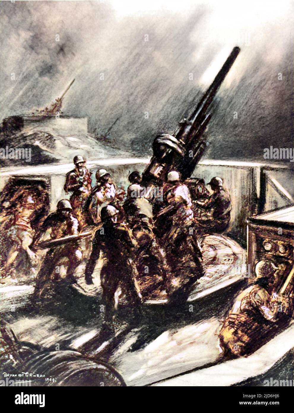 L'unità antiaerea americana spara contro i bombardieri nemici, durante un raid tedesco a Londra. La pistola mostrata è un'arma da 90 mm. Questa immagine è stata abbozzata dall'artista speciale illustrato London News, il capitano Bryan de Grineau, durante una visita ad un sito di armi degli Stati Uniti. Versione colorata di: 10219832 Data: 1944 Foto Stock