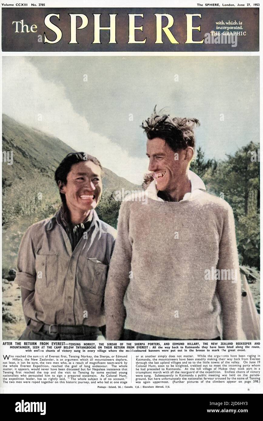 Sir Edmund Hillary con Tenzing Norgay dopo il loro riuscito tentativo di scalare il Monte Everest in Nepal il 29th maggio 1953. Il leggendario alpinista morì nel gennaio 2008 nella versione colorizzata di: 10225684 Data: 27th giugno 1953 Foto Stock