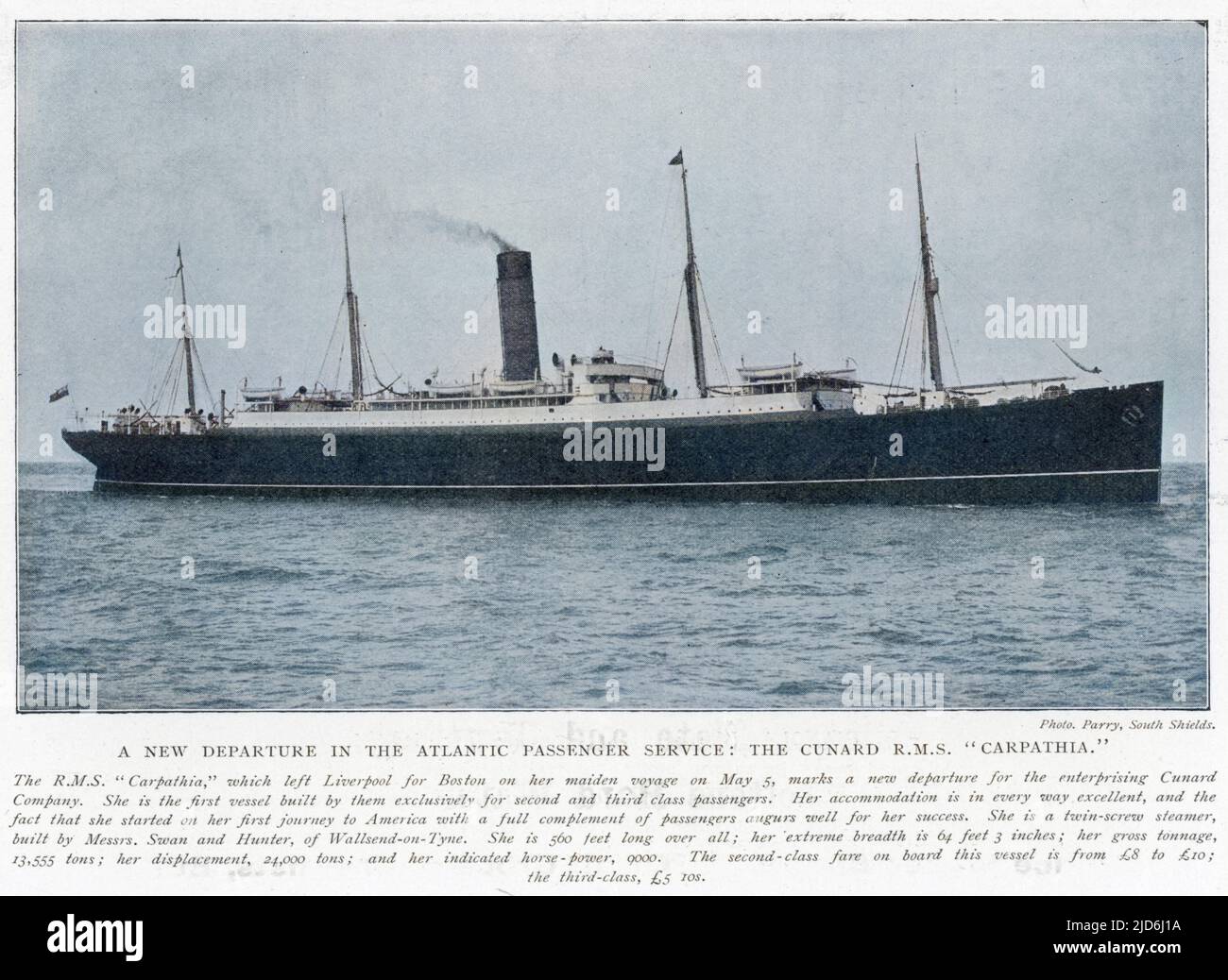 Il Cunard RMS Carpathia nel suo primo viaggio nel 1903. Fu la prima nave costruita da Cunard esclusivamente per passeggeri di seconda e terza classe. La Carpazia troverebbe più tardi fama come il liner che aiutò a salvare i passeggeri sopravvissuti dal Titanic sommerso. Versione colorata di: 10283345 Data: 1903 Foto Stock