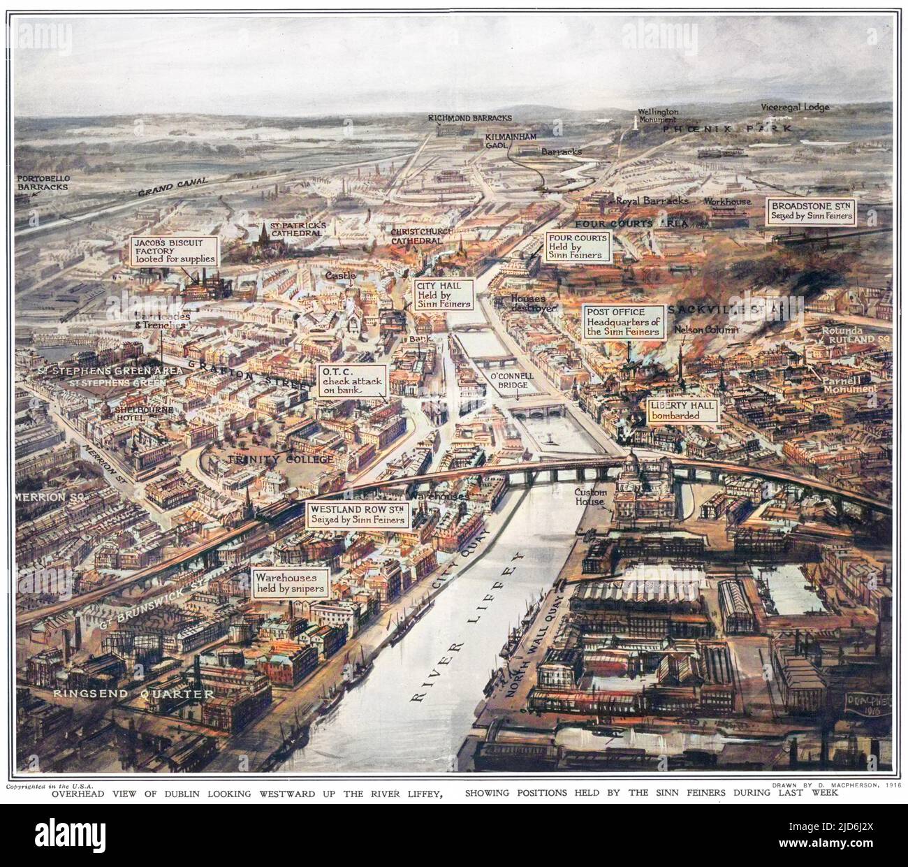 Una vista dall'alto di Dublino che guarda verso ovest sul fiume Liffey, mostrando le posizioni tenute dai Sinn Feiners durante il Rising di Pasqua nell'aprile 1916 versione colorizzata di: 10297609 Data: 1916 Foto Stock