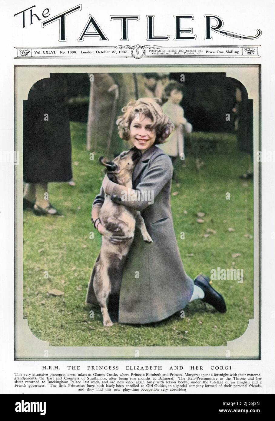 La principessa Elisabetta, più tardi l'attuale regina Elisabetta II, raffigurata sulla copertina anteriore del Tatler con il suo corgi al Castello di Glamis, casa dei suoi nonni materni, il Conte e la Contessa di Strathmore. Versione colorata di: 10282086 Data: 1937 Foto Stock