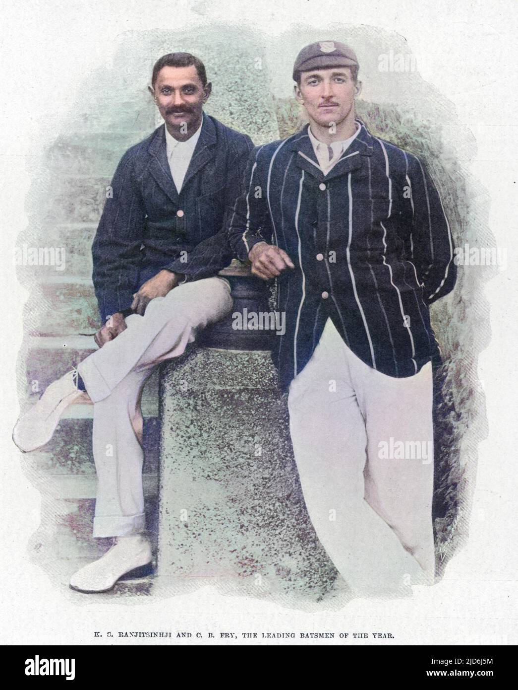 I battitori principali dell'anno nel 1901, i cricketers K.S. Ranjitsinhji (1872-1933) e C.B. Fry (Charles Burgess Fry 1872-1956). Versione colorata di: 10430302 Data: 1901 Foto Stock