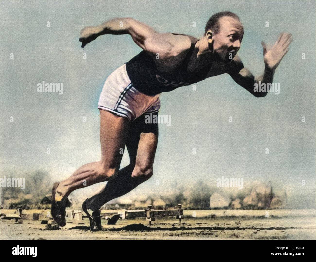 James Cleveland Jesse Owens atleta americana, quattro volte campione ai Giochi Olimpici di Berlino, 1936 agosto. Versione colorata di: 10587469 Data: Aug-36 Foto Stock
