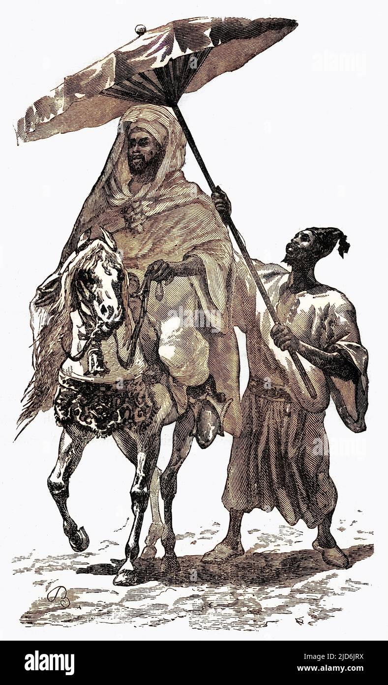 Un sultano del Marocco a cavallo con l'assistente - Nord Africa versione colorizzata di: 10837620 Data: 1880s Foto Stock