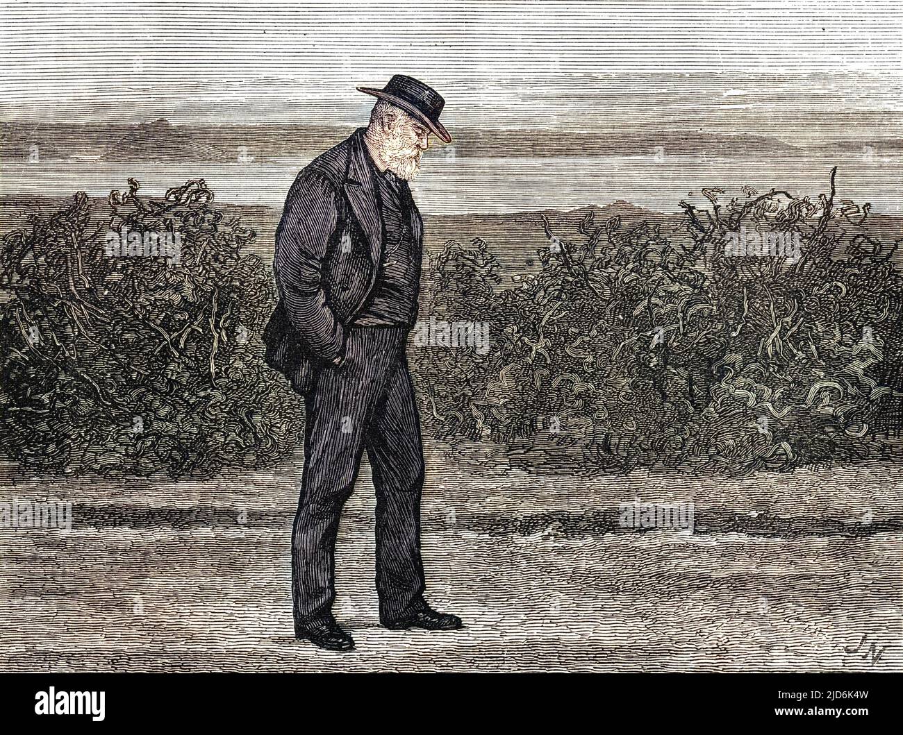 VICTOR HUGO cammina sulla strada di San Martino, Guernsey, durante il suo esilio dalla sua terra natale. Versione colorata di: 10161426 Data: 1802 - 1885 Foto Stock