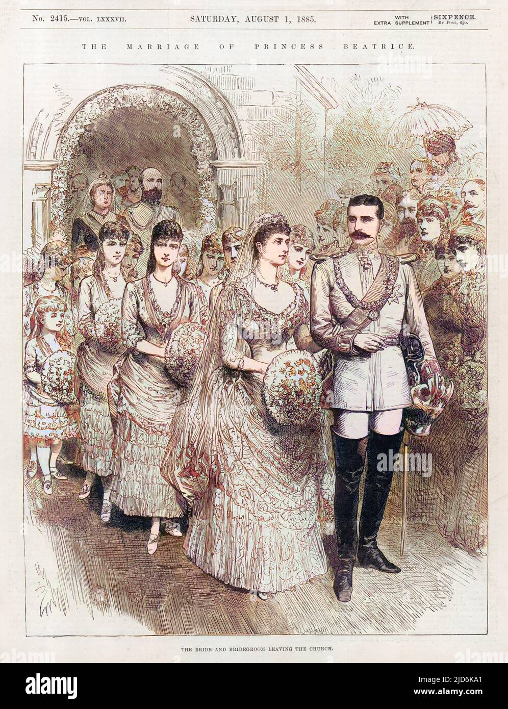 Matrimonio della Principessa Beatrice (1857 - 1944) figlio minore della Regina Vittoria, con il Principe Enrico di Battenberg a Whippingham, Isola di Wight versione colorizzata di: 10002818 Data: 23 luglio 1885 Foto Stock