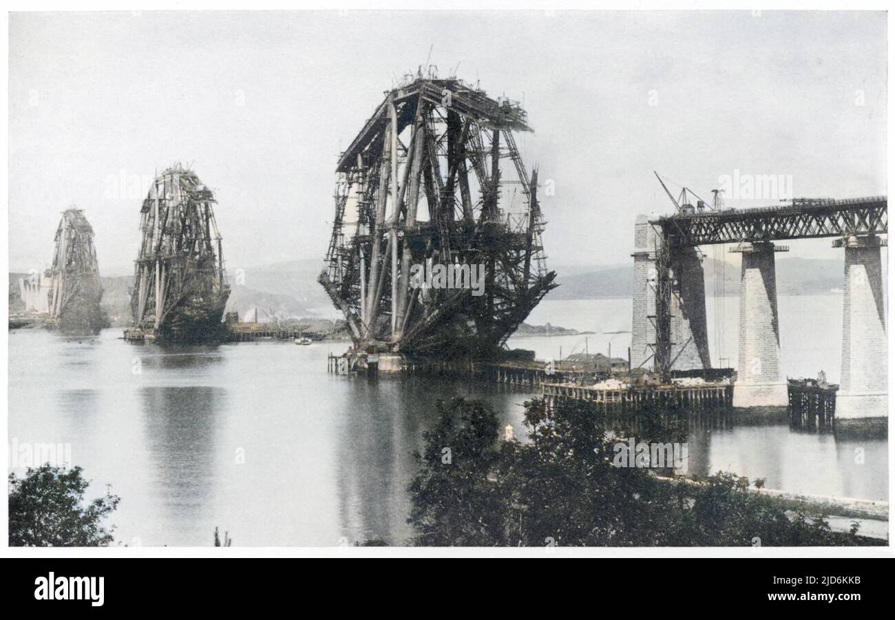 Il Forth Bridge durante la costruzione. Progettato da Sir John Fowler (1817-1898) e Sir Benjamin Baker (1840-1907) e costruito da Sir William Arrol (1839-1913) versione colorizzata di: 10080859 Data di apertura: Marzo 4th 1890 Foto Stock