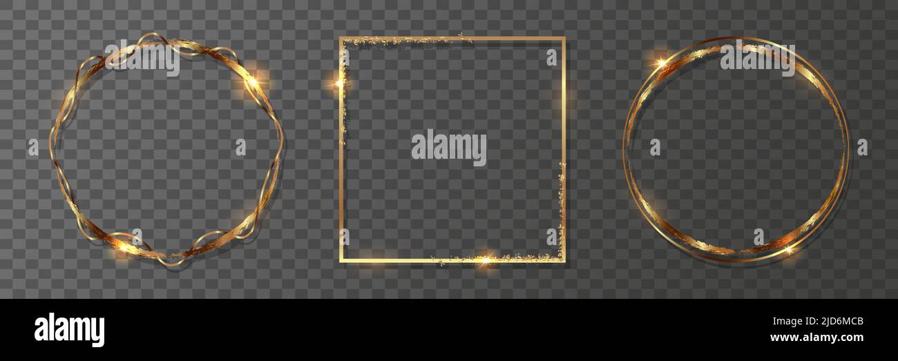 Set di cornici geometriche dorate. Cornice rotonda e quadrata dorata su sfondo trasparente. Illustrazione Vettoriale