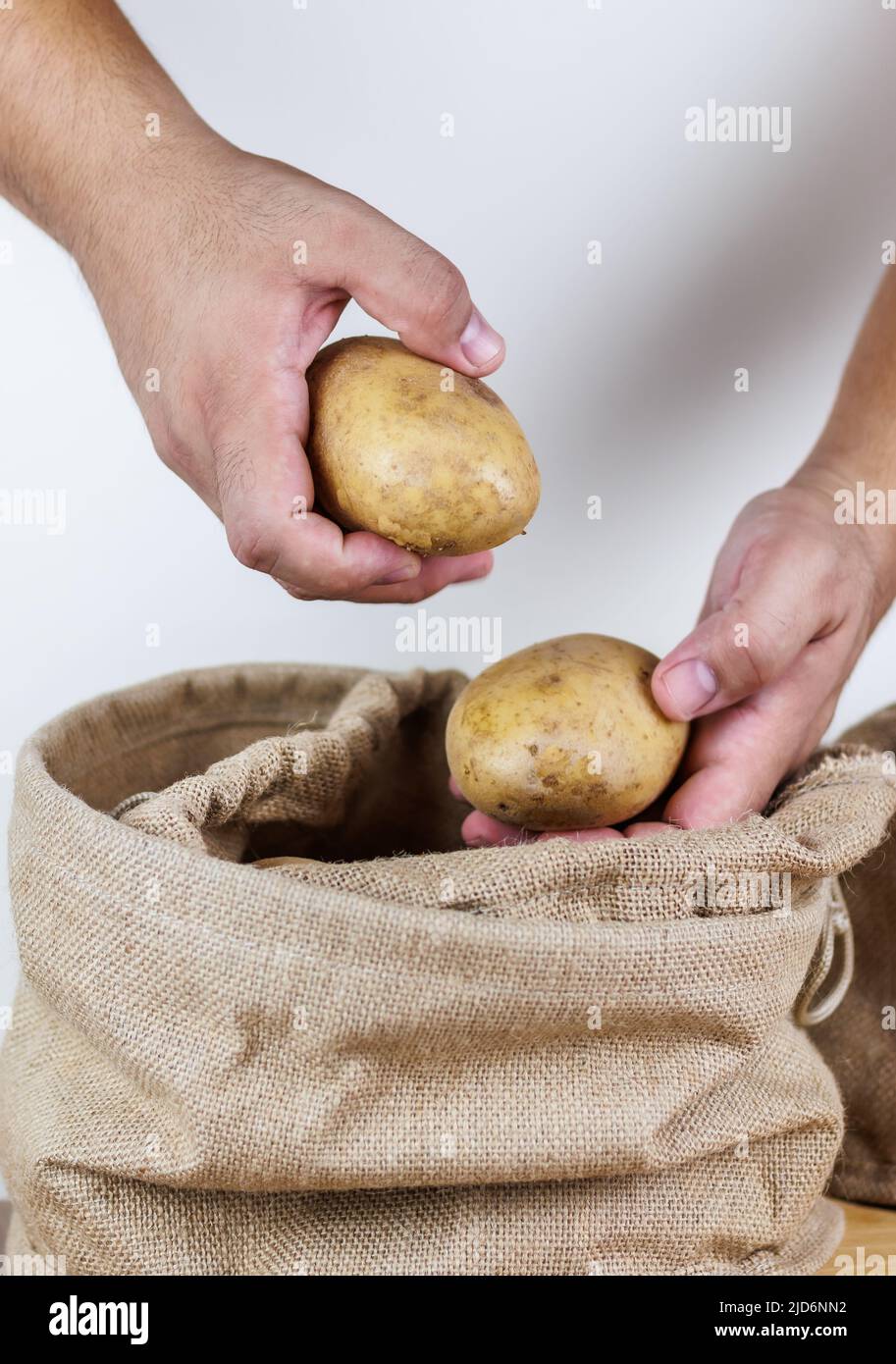 Mani che tengono le patate su sfondo bianco Foto Stock