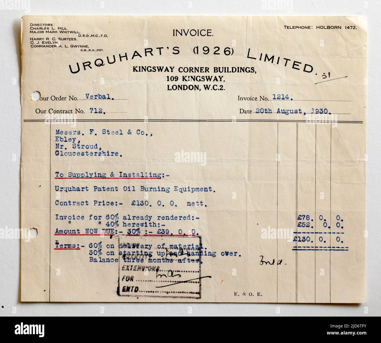1930s ricevimento fattura vendite commerciali per forniture ingegneristiche da Urquharts Ltd Foto Stock