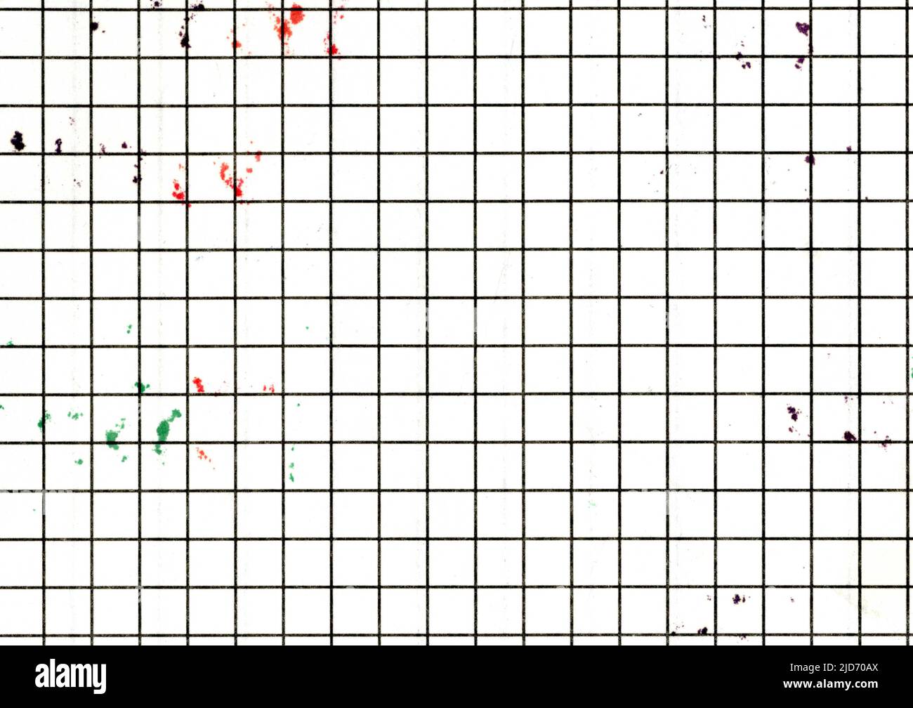 Alta risoluzione primo piano di usato, usurato linea spessa grafico a scacchi carta trama sfondo scansione colore macchie di scrittura con marcatori invecchiato Foto Stock