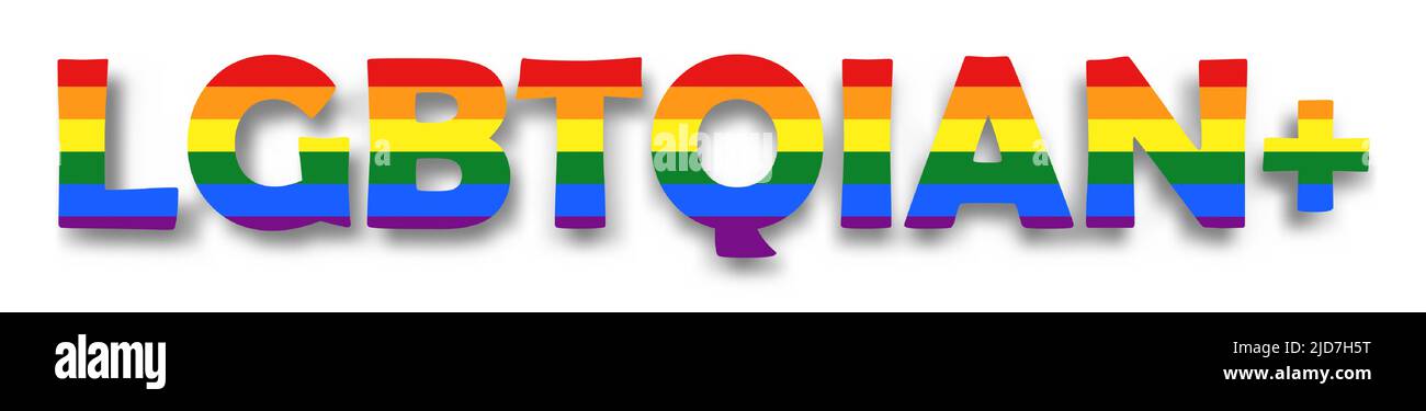 Alfabeto LGBTQIAN+ con disegno a bandiera arcobaleno su sfondo bianco isolato . Concetto di orientamento sessuale . Illustrazione vettoriale . Illustrazione Vettoriale