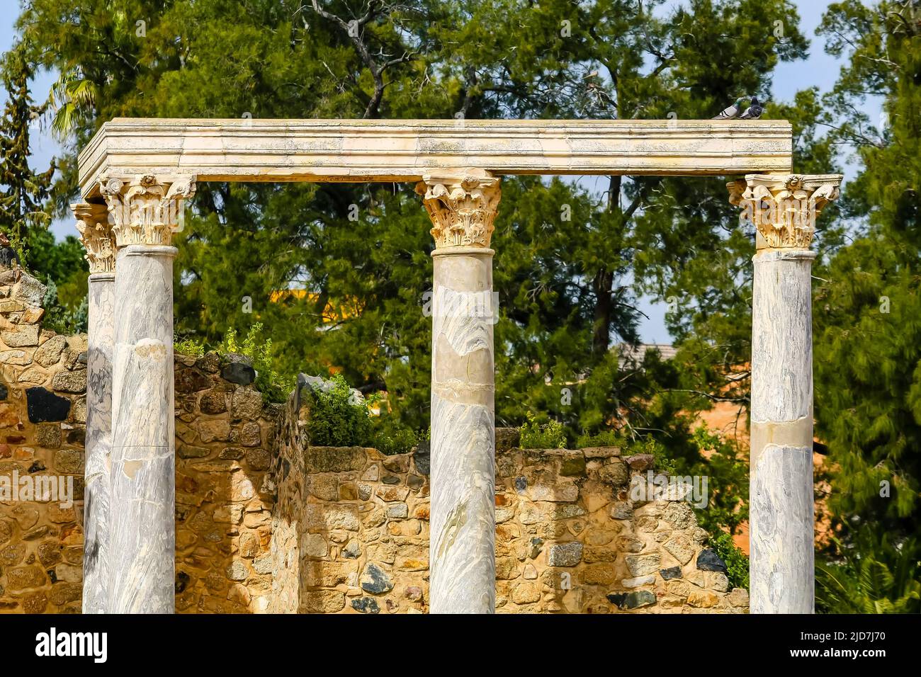 Rovine archeologiche di colonne romane nella città monumentale di Merida. Foto Stock