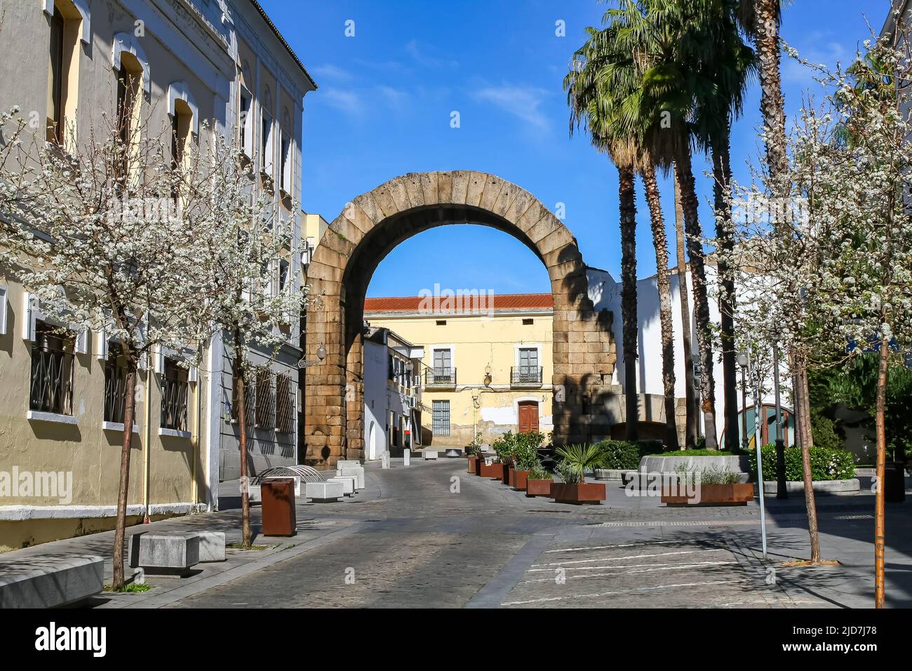 Arco romano costruito nella città monumentale di Mérida, Spagna. Foto Stock