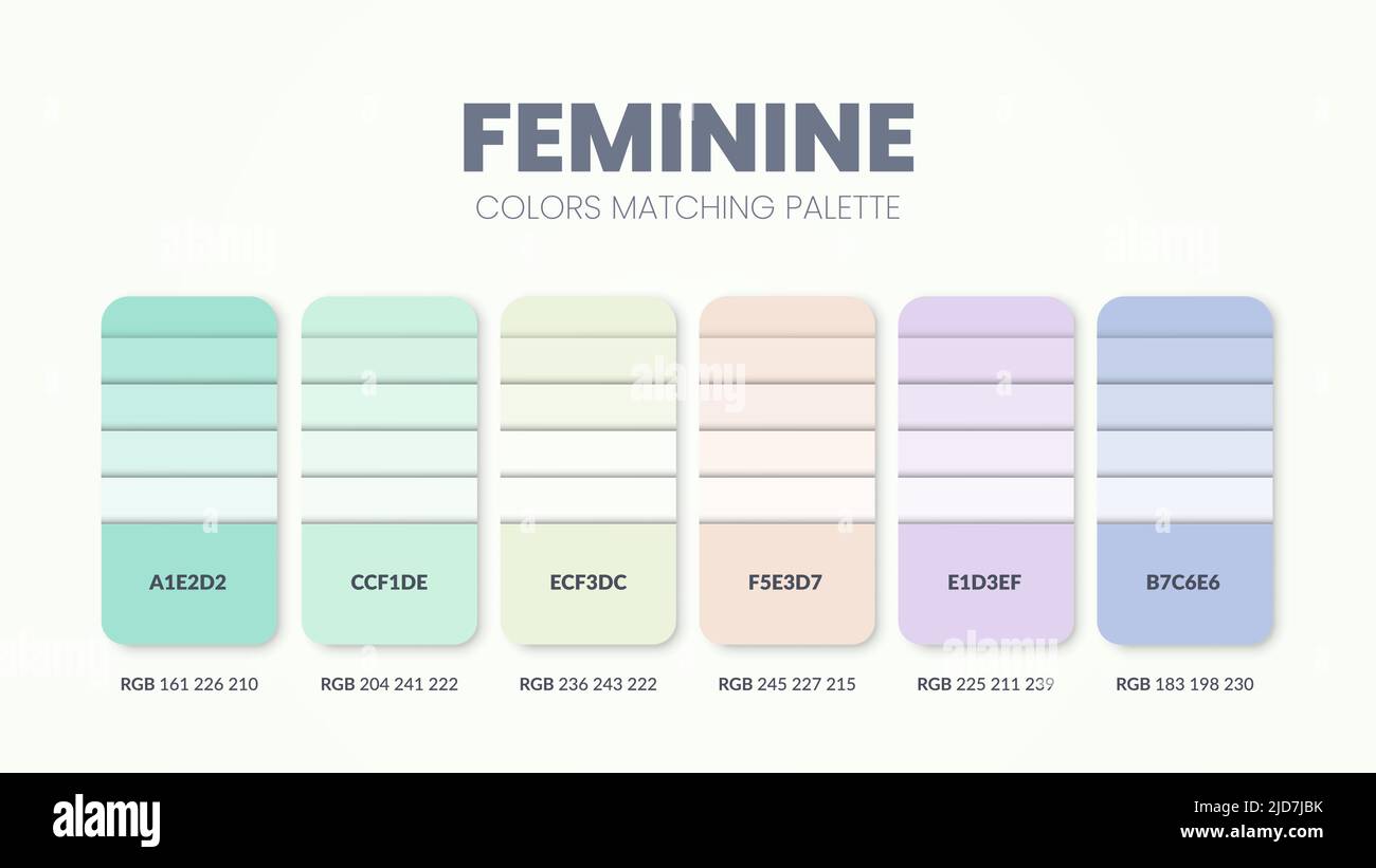Idee di schemi di colore per il concetto femminile. Le tavolozze di colori sono combinazioni di trend e guide della tavolozza quest'anno, una tabella di colori in RGB o ESADECIMALE. R Illustrazione Vettoriale