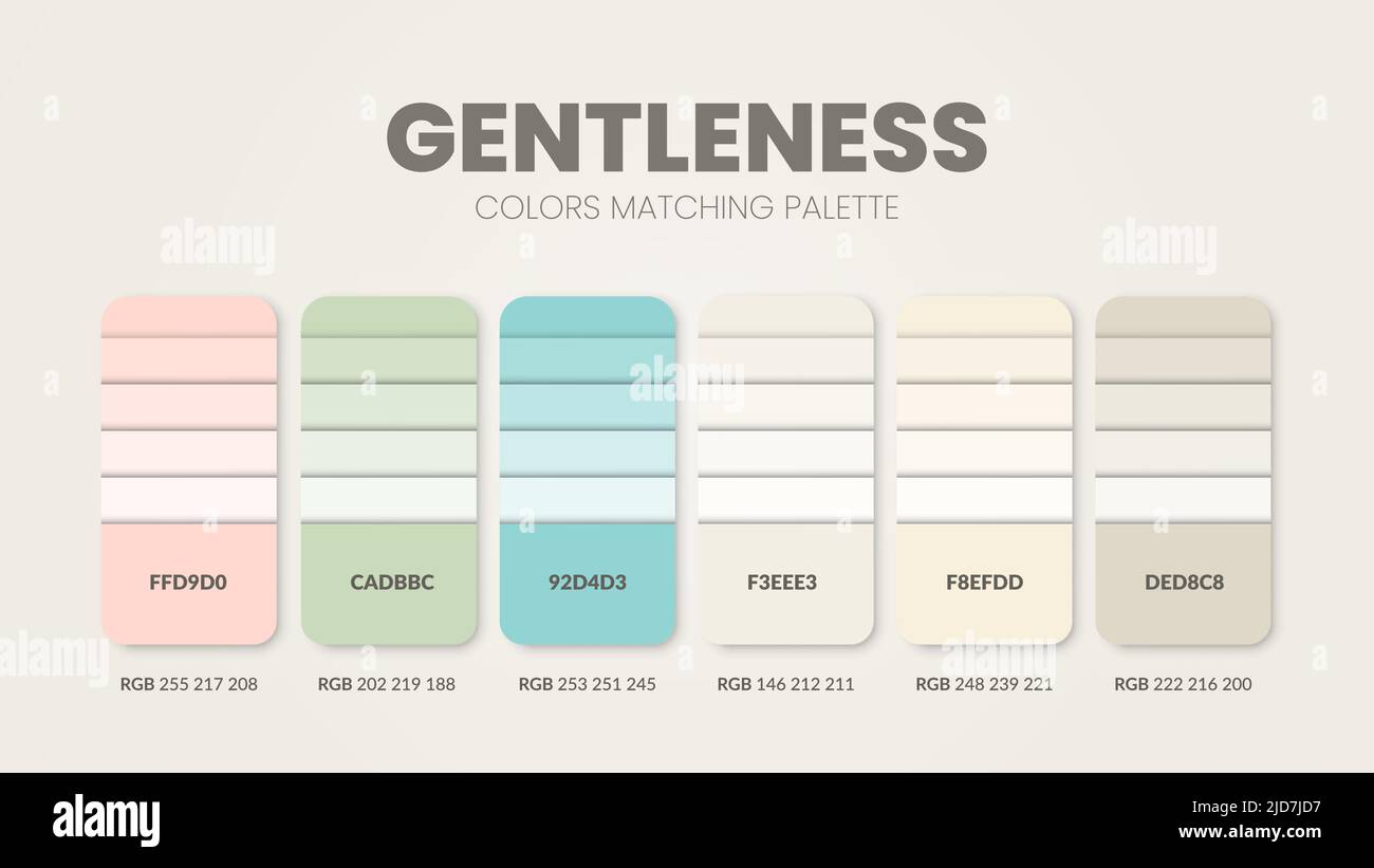 Idee di schemi di colore per il concetto di Gentlensee. Le tavolozze di colori sono combinazioni di trend e guide della tavolozza quest'anno, una tabella di colori in RGB o ESADECIMALE. Illustrazione Vettoriale