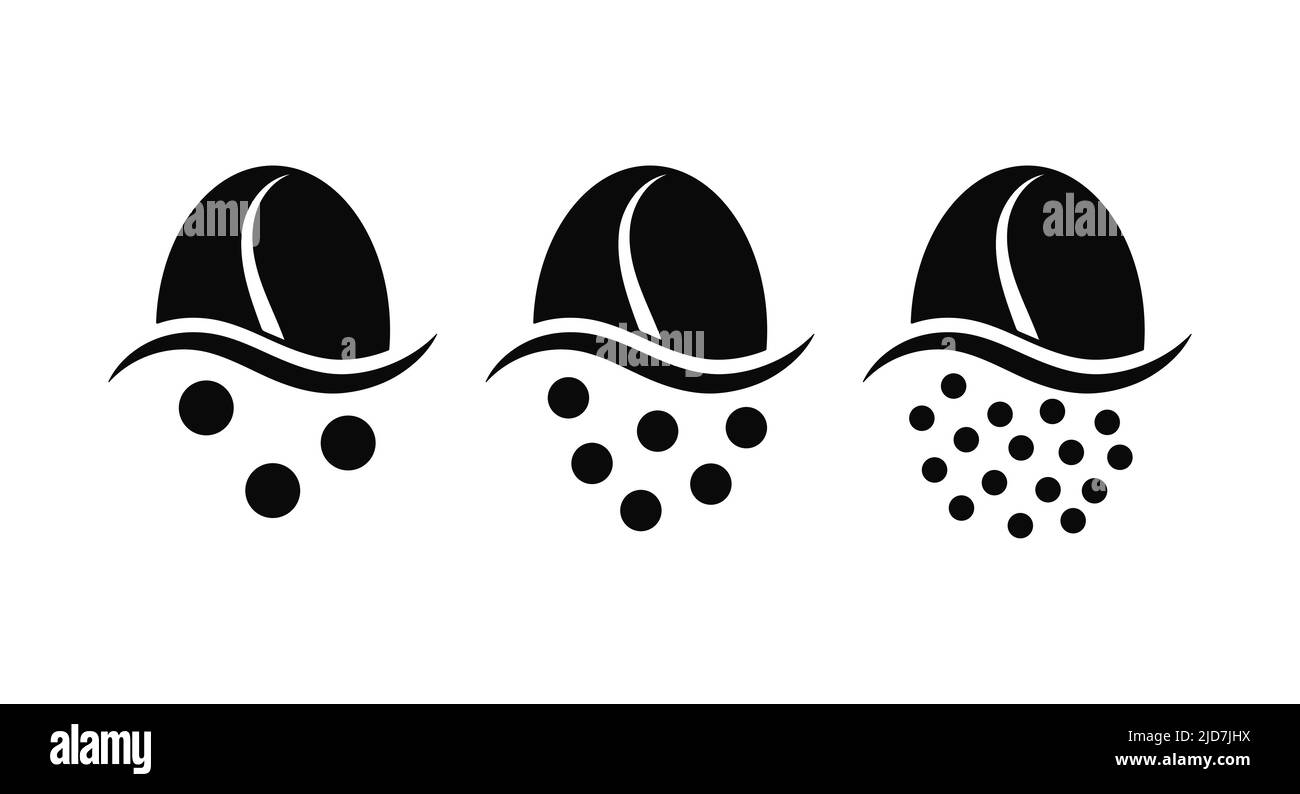 Chicchi di caffè macinato dimensione grafico grani icona set isolato su sfondo bianco. Illustrazione Vettoriale