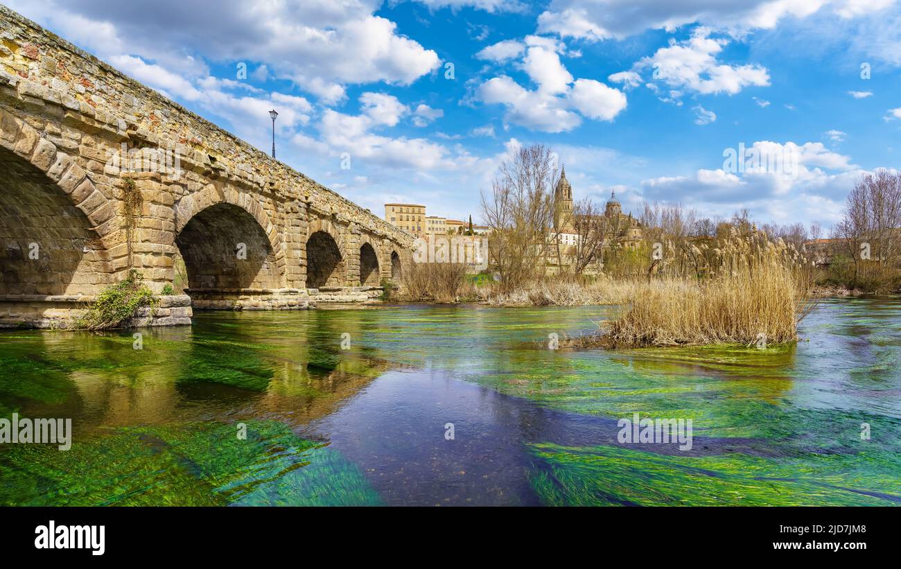 Ponte romano in pietra sul fiume Tormes nella monumentale città di Salamanca. Foto Stock