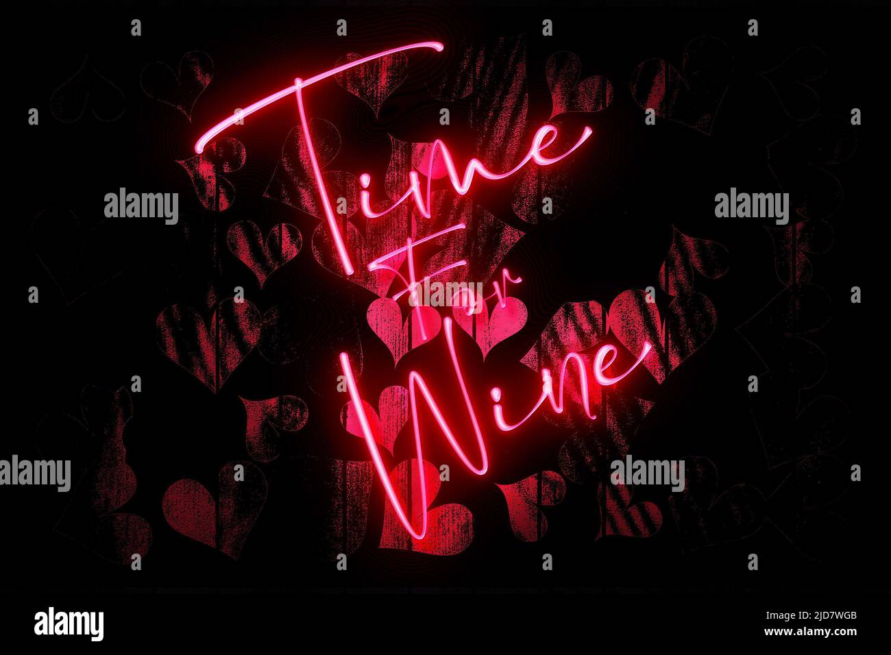 Tempo per il vino Neon segno su un muro di legno scuro con cuori Foto Stock