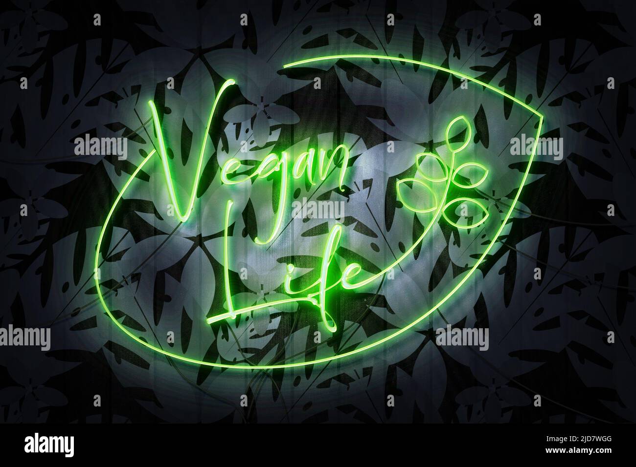 Vegan Life Neon Sign su un muro di legno scuro con fiori Foto Stock